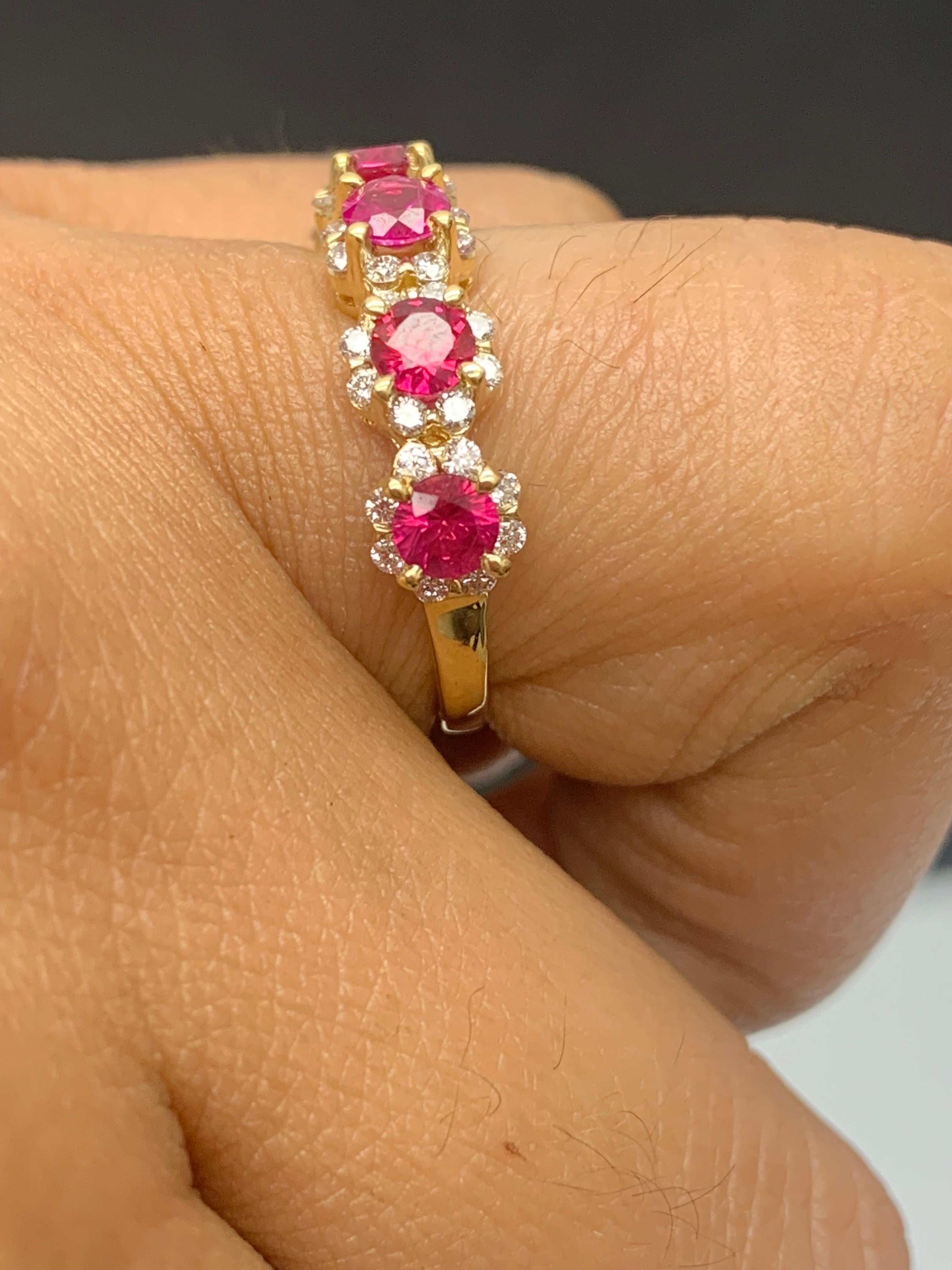 1.25 Carat Round Cut Ruby and Diamond Halfway Wedding Band in 18K Yellow Gold For Sale 6
