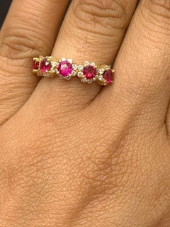 1.25 Carat Round Cut Ruby and Diamond Halfway Wedding Band in 18K Yellow Gold