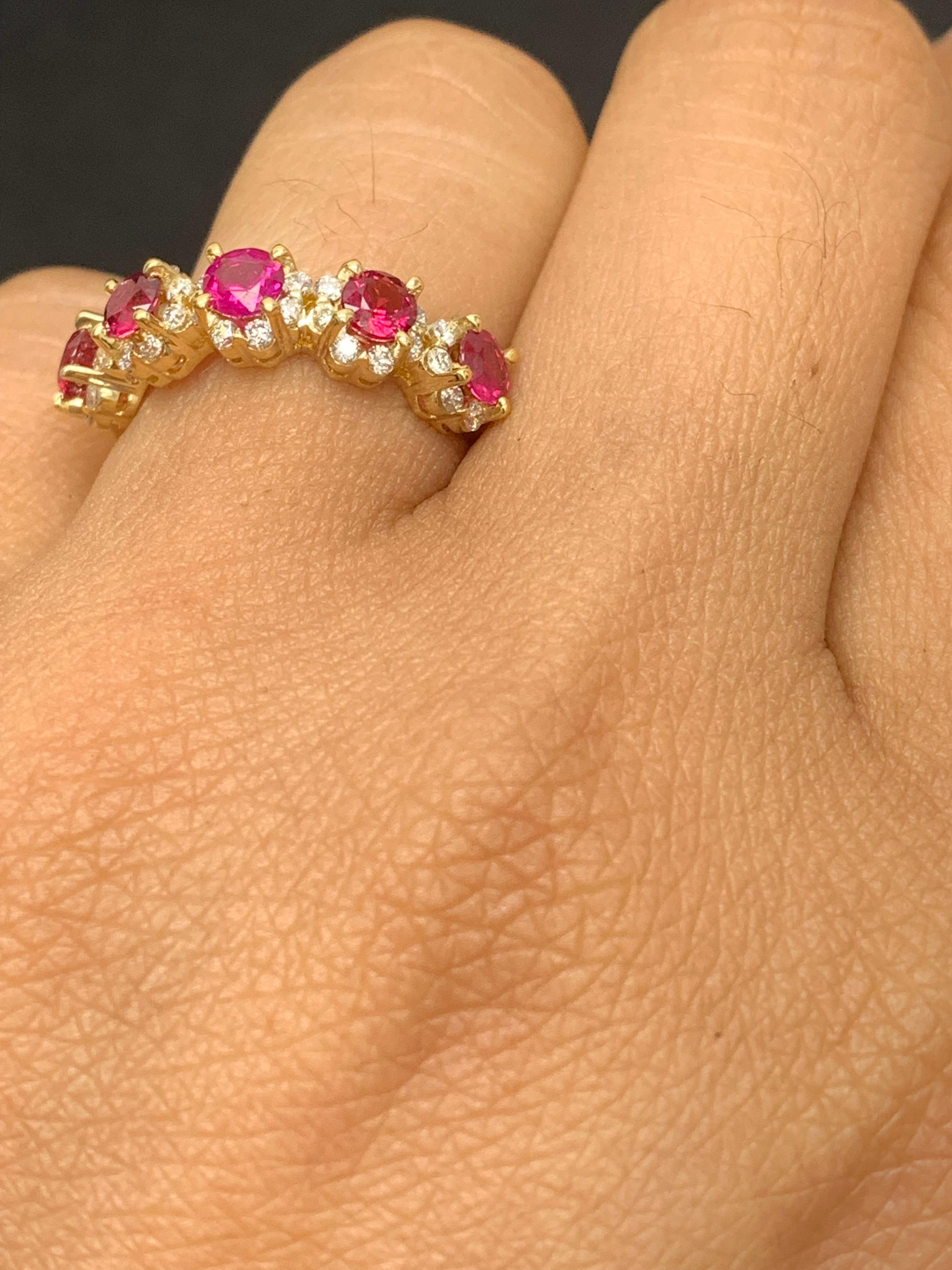 Modern 1.25 Carat Round Cut Ruby and Diamond Halfway Wedding Band in 18K Yellow Gold For Sale
