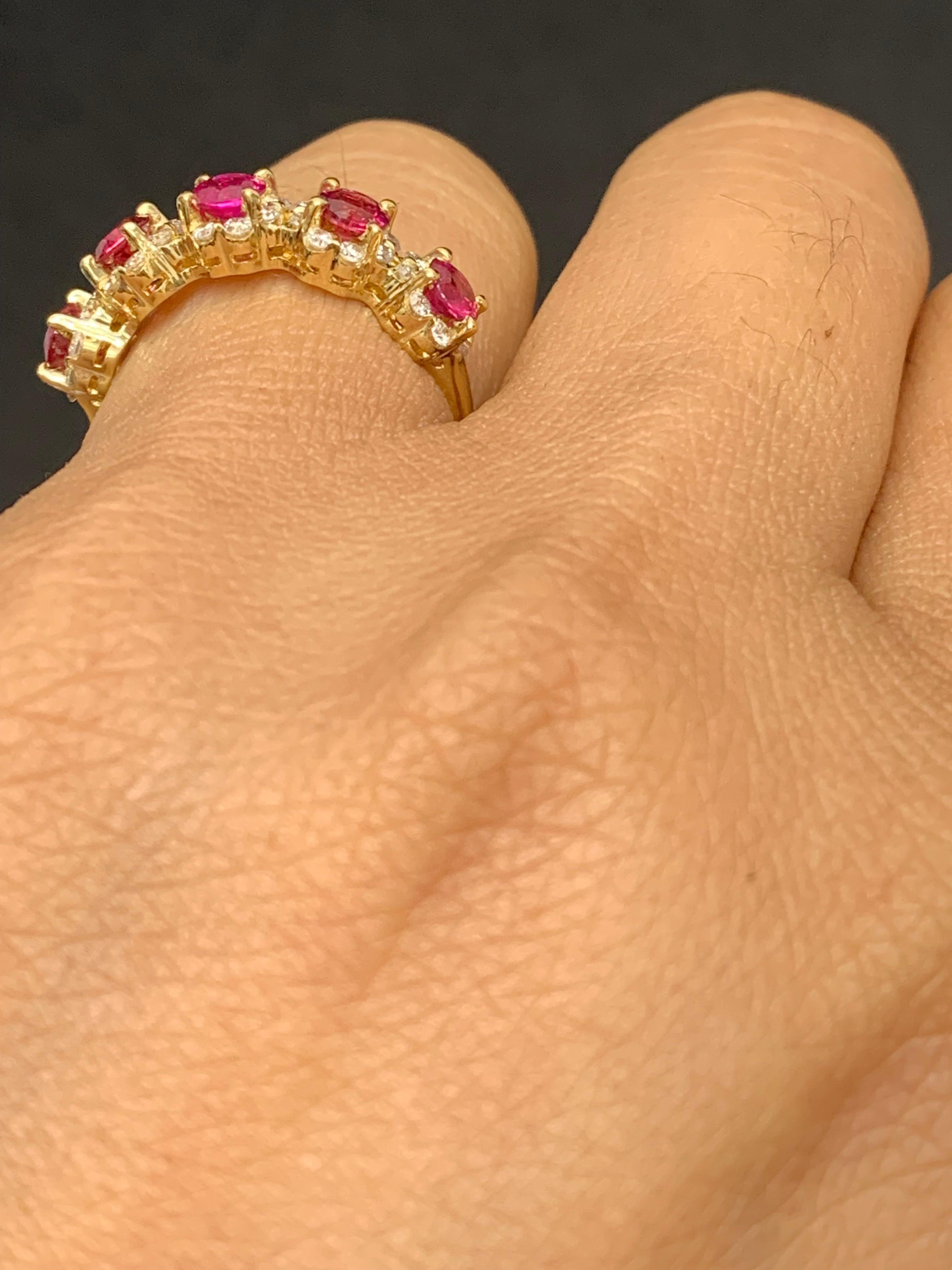 1.25 Carat Round Cut Ruby and Diamond Halfway Wedding Band in 18K Yellow Gold In New Condition For Sale In NEW YORK, NY