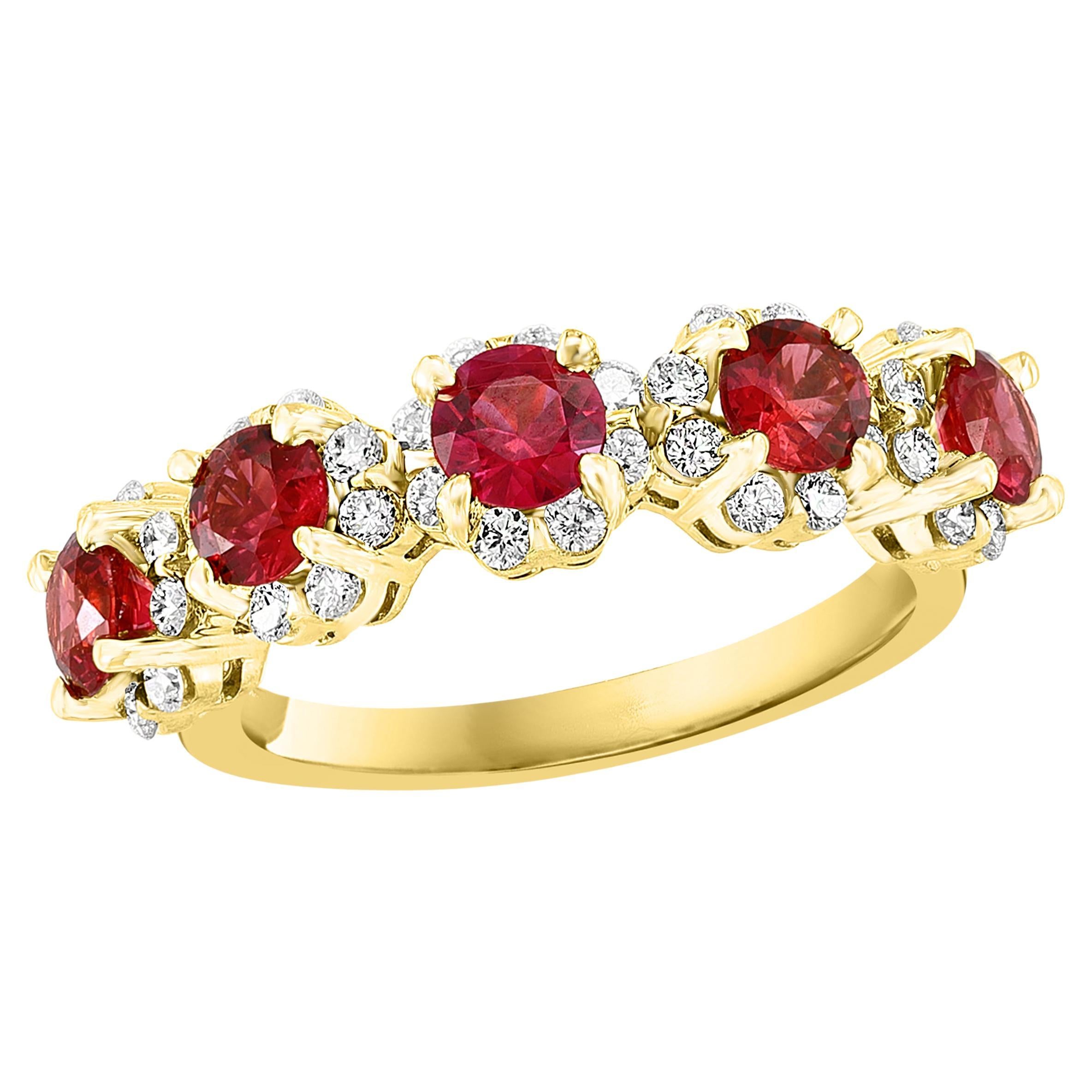 1.25 Carat Round Cut Ruby and Diamond Halfway Wedding Band in 18K Yellow Gold For Sale