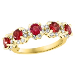 1.25 Carat Round Cut Ruby and Diamond Halfway Wedding Band in 18K Yellow Gold