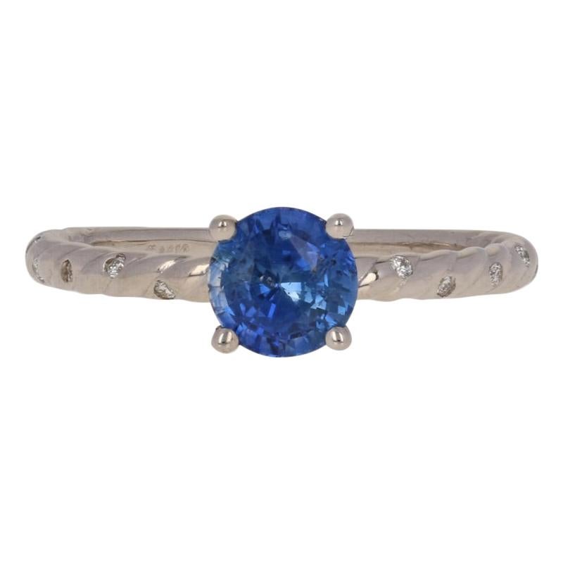 1.25 Carat Round Cut Sapphire and Diamond Engagement Ring, 14 Karat White Gold
