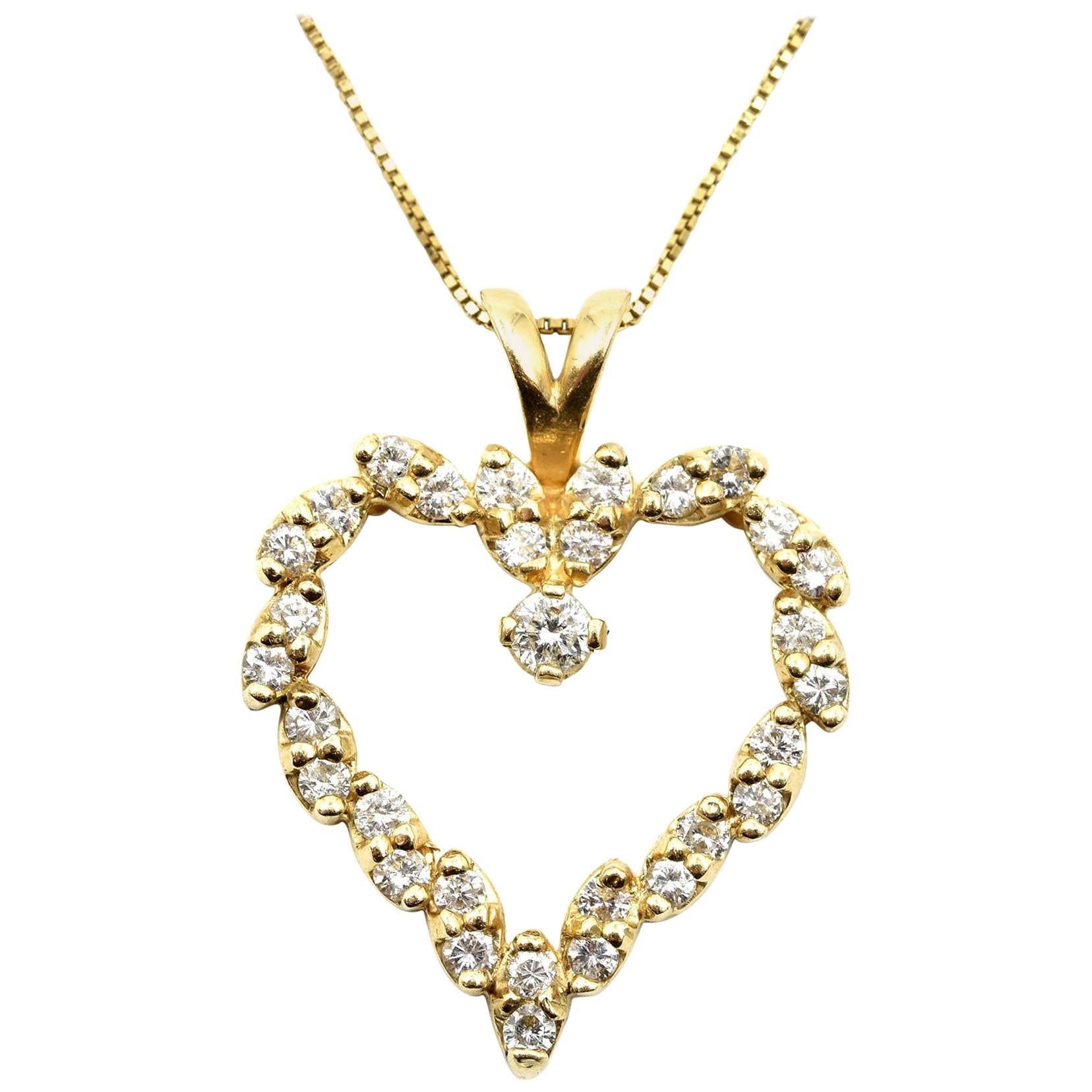 1.25 Carat Round Diamond 14 Karat Yellow Gold Heart Pendant Necklace
