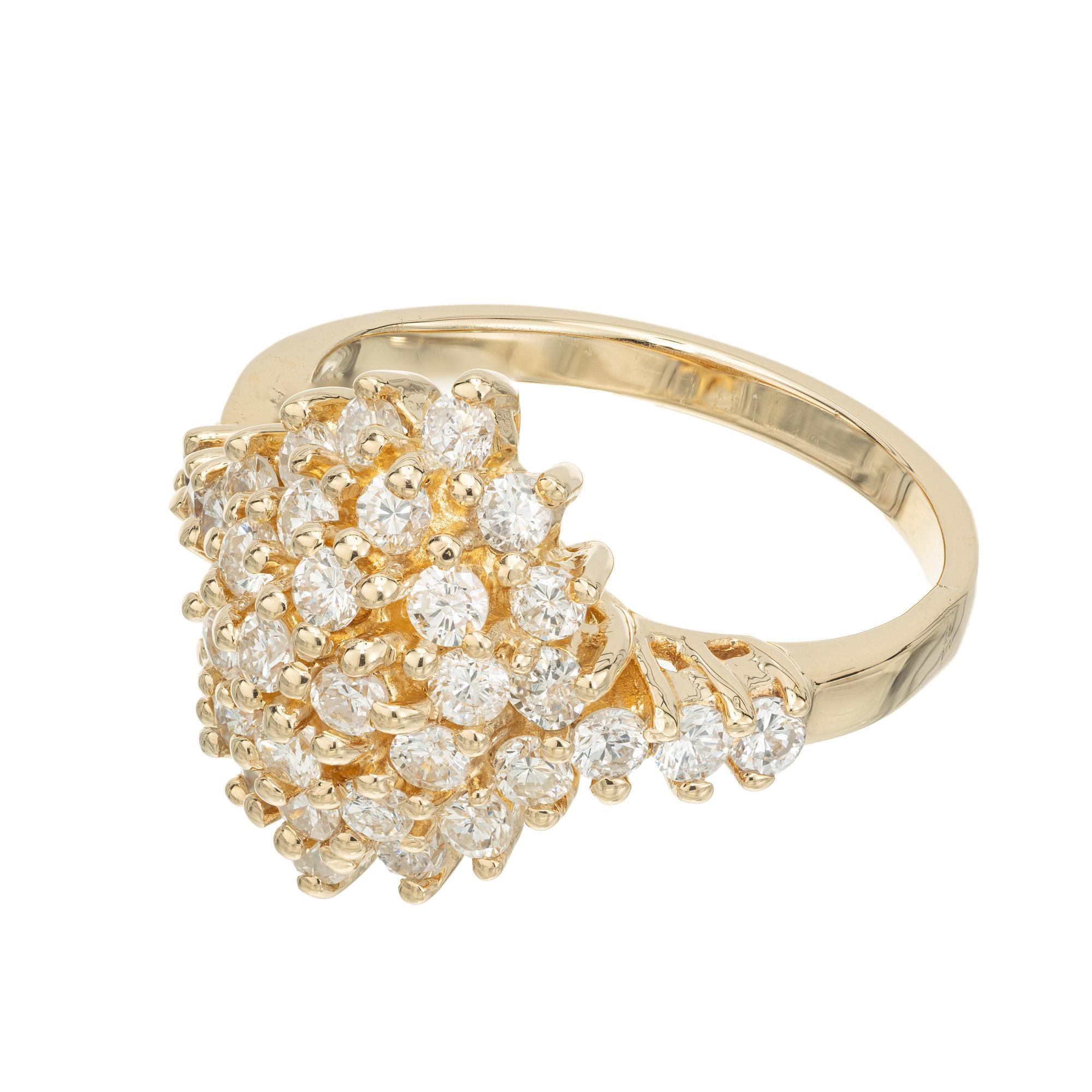 Round Cut 1.25 Carat Round Diamond Yellow Gold Dome Cluster Ring For Sale