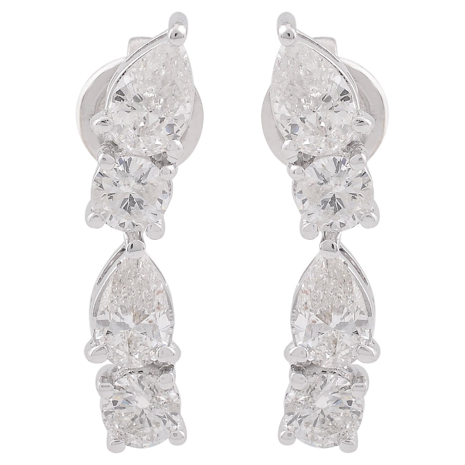 1.25 Carat Round & Pear Diamond Earrings 14 Karat White Gold Handmade Jewelry