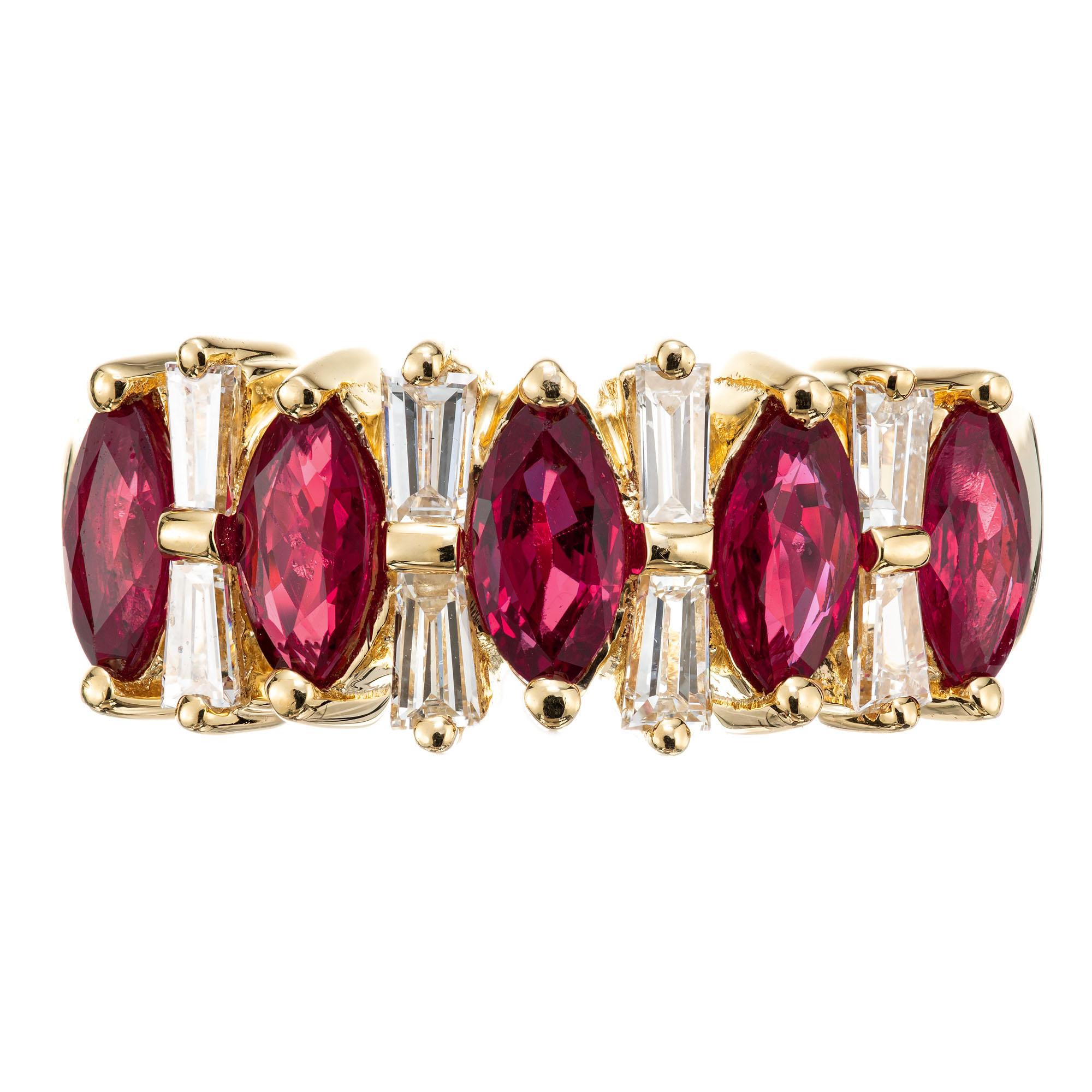 Ruby and diamond band ring. 5 marquise cut diamonds with 8 tapered baguette diamonds, set in an 18k yellow gold band. 

5 marquise red ruby, VS approx. 1.25cts
8 tapered baguette diamonds, H-I VS approx. .50cts
Size 6 and sizable 
18k yellow gold