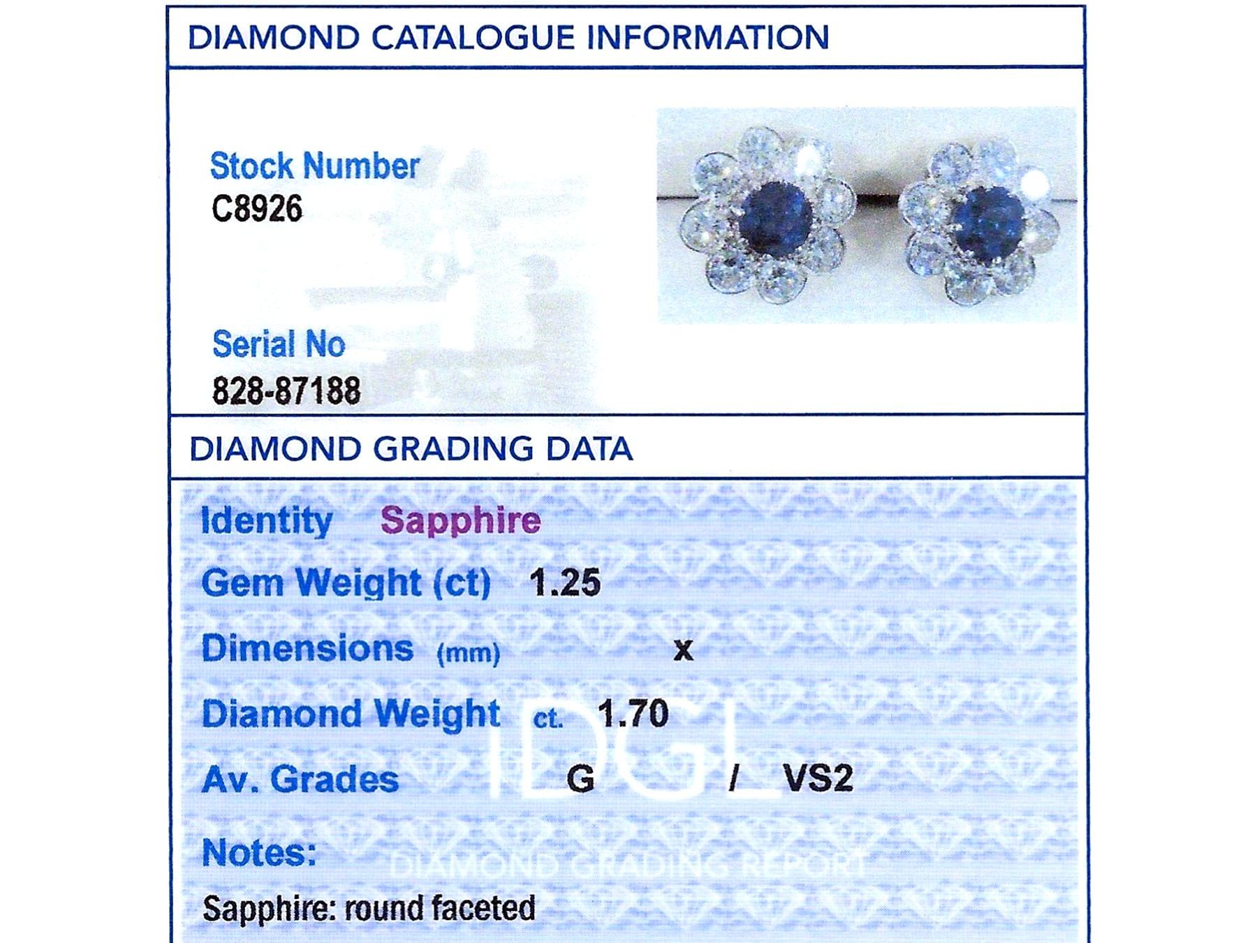 1.25 Carat Sapphire and 1.70 Carat Diamond, 18k Yellow Gold Cluster Earrings For Sale 5