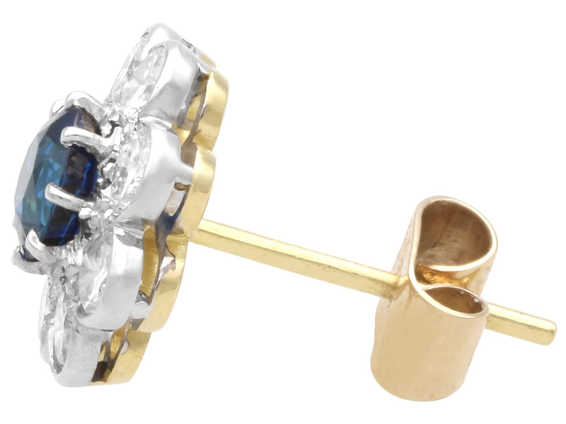 Women's or Men's 1.25 Carat Sapphire and 1.70 Carat Diamond, 18k Yellow Gold Cluster Earrings For Sale