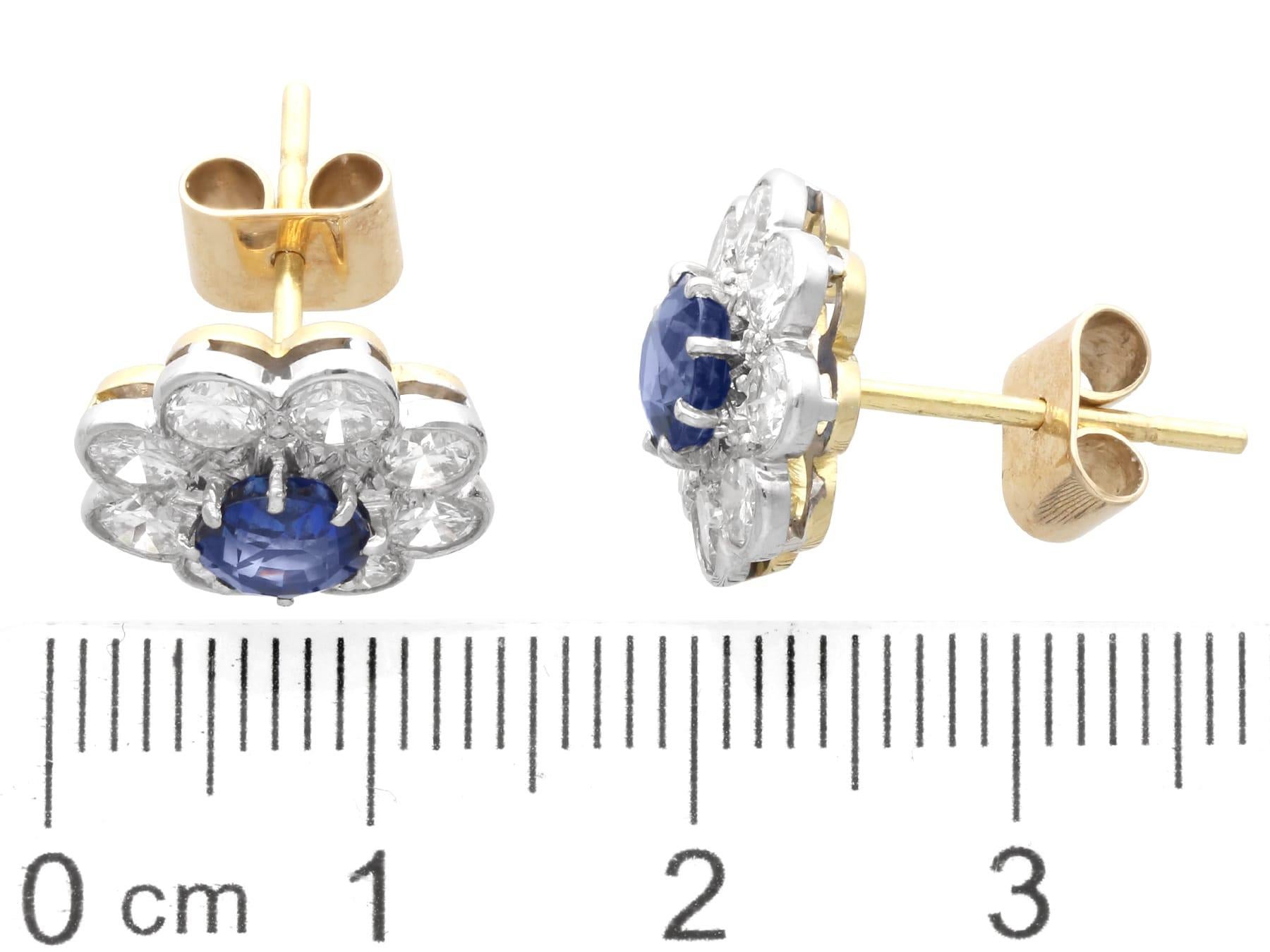 1.25 Carat Sapphire and 1.70 Carat Diamond, 18k Yellow Gold Cluster Earrings For Sale 4