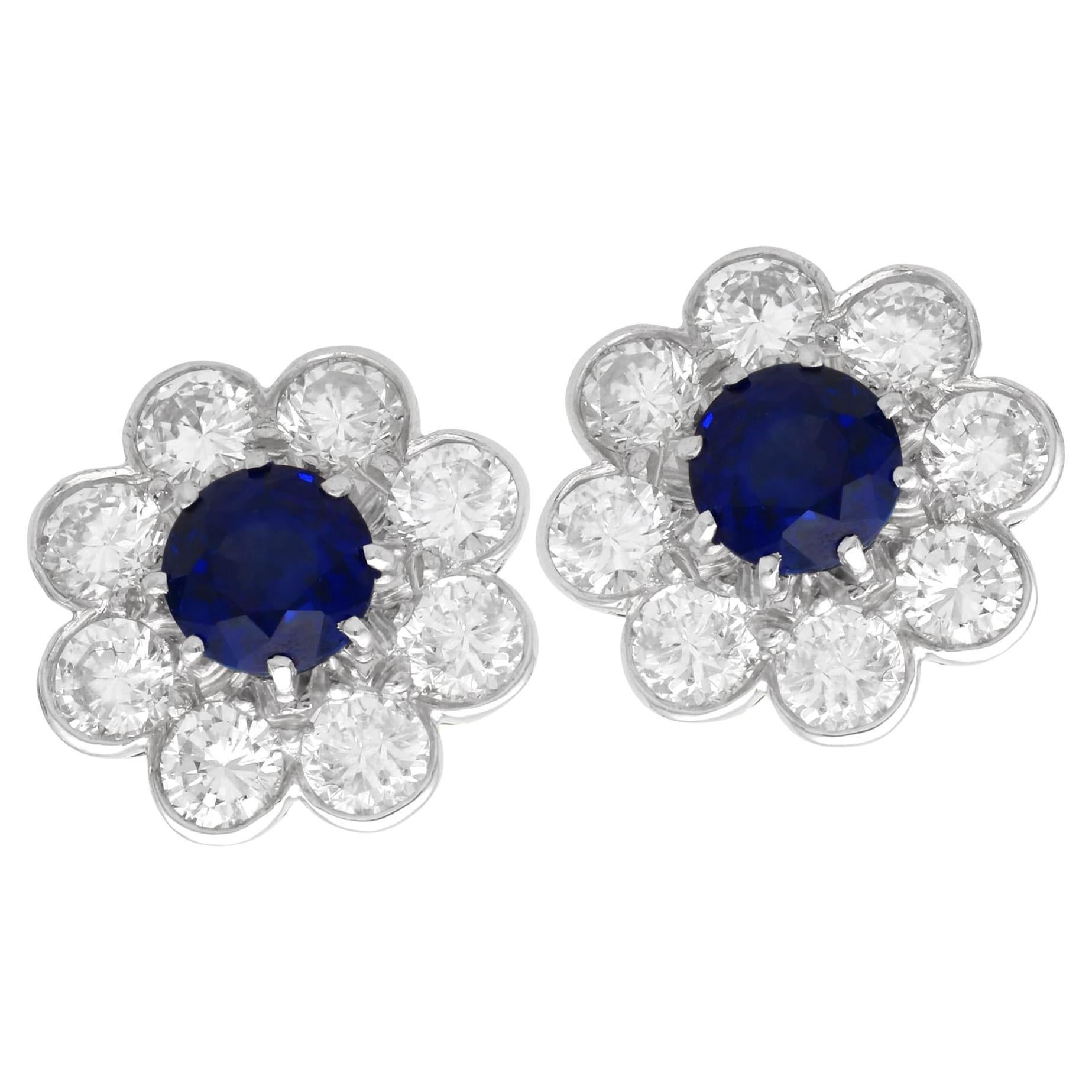 1.25 Carat Sapphire and 1.70 Carat Diamond, 18k Yellow Gold Cluster Earrings