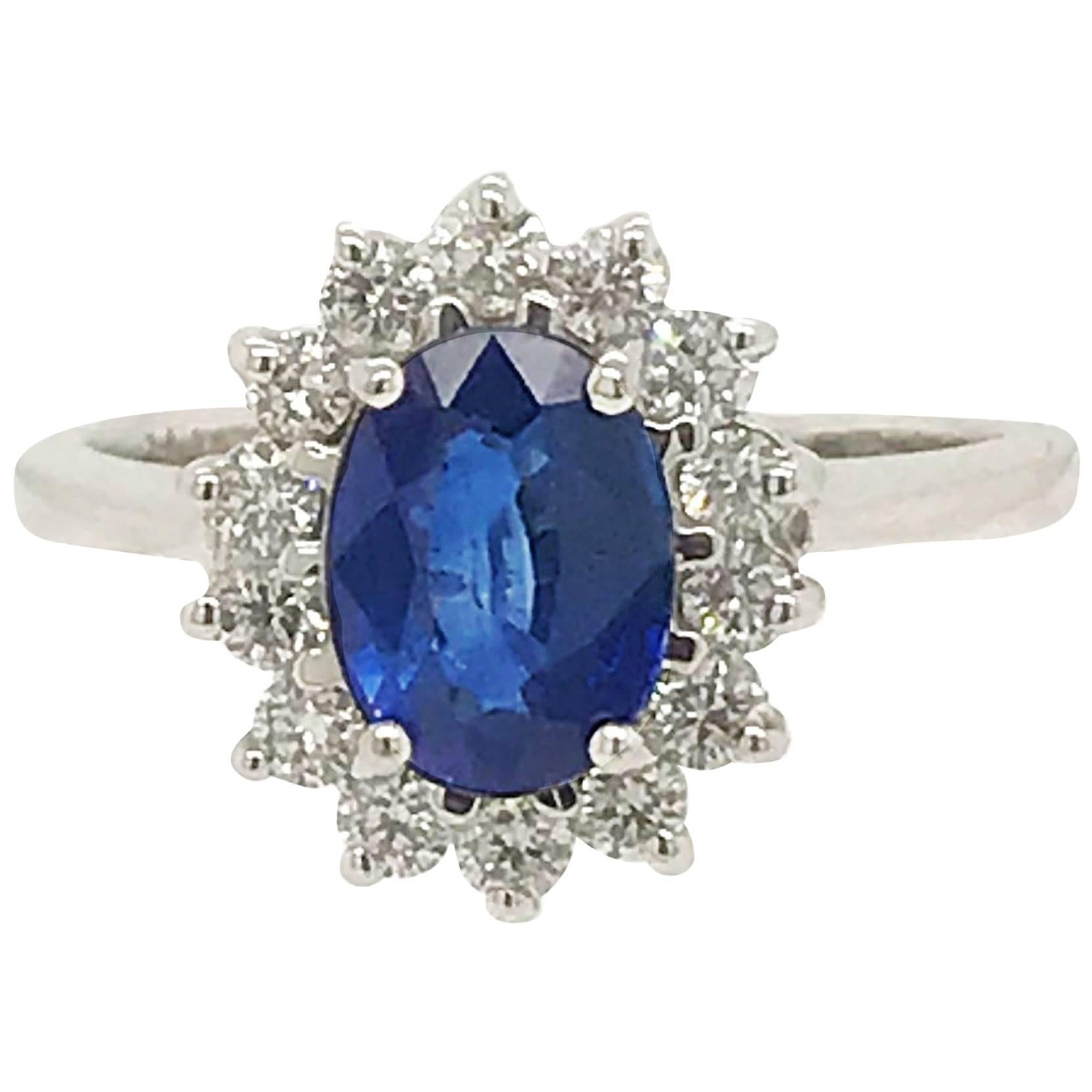 1.25 Carat Sapphire and Diamond Ring in 18 Karat White Gold For Sale