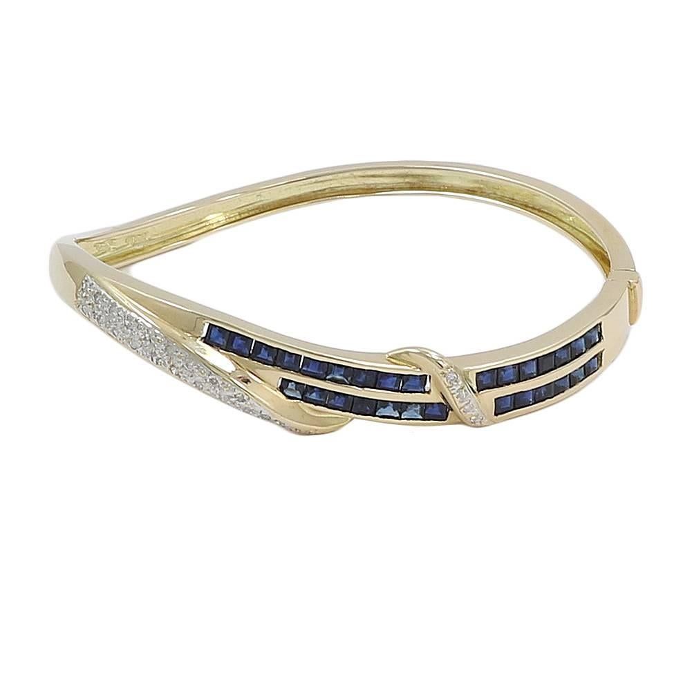 1.25 Carat Sapphire and Diamond Yellow Gold Bangle Bracelet For Sale