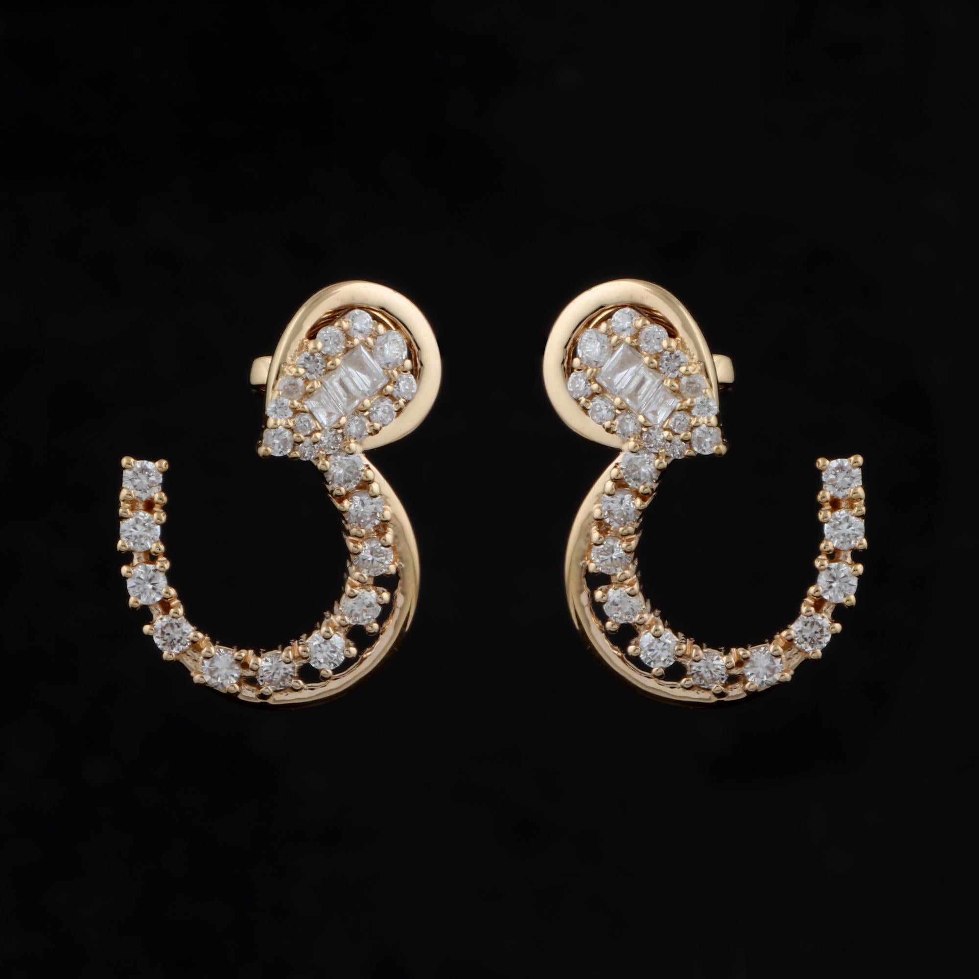 Baguette Cut 1.25 Carat SI Clarity HI Color Baguette Diamond Earrings 14 Karat Yellow Gold For Sale