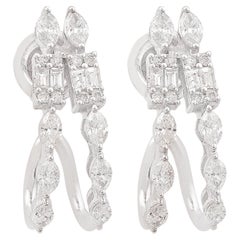 1.25 Carat SI/H Marquise Baguette Diamond Huggie Earrings 14 Karat White Gold