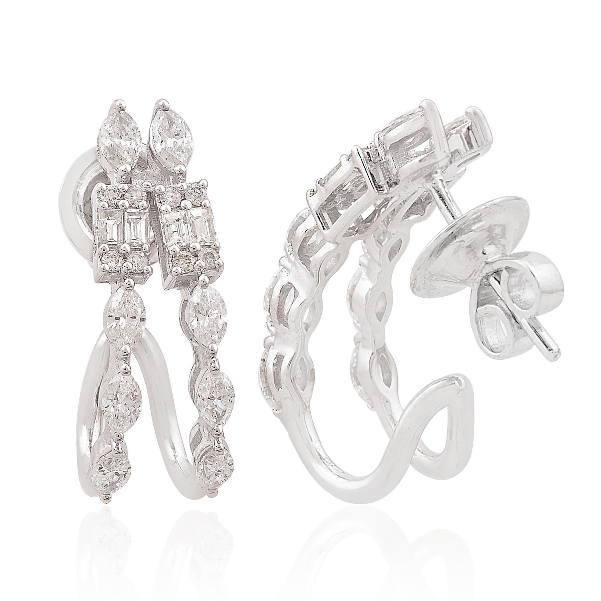 Modern 1.25 Carat SI/HI Marquise Baguette Diamond Hoop Earrings 18 Karat White Gold For Sale