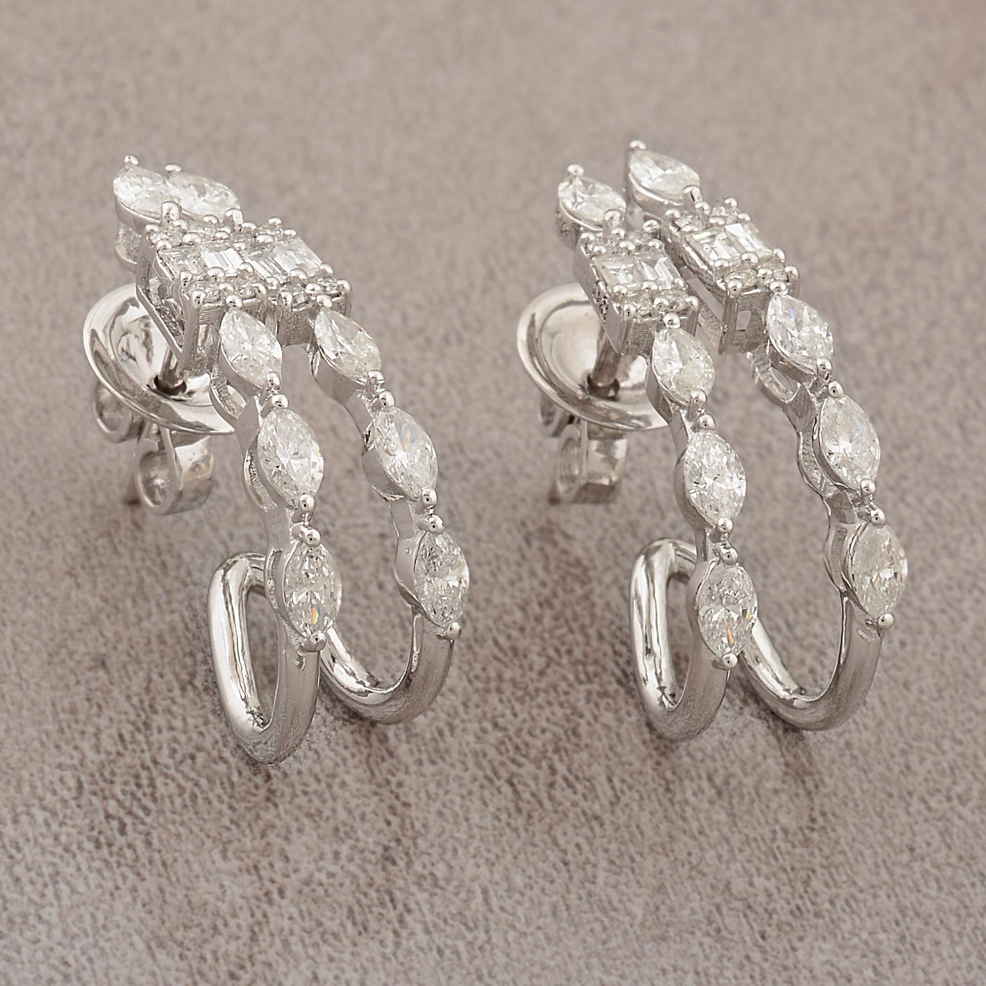 Baguette Cut 1.25 Carat SI/HI Marquise Baguette Diamond Hoop Earrings 18 Karat White Gold For Sale