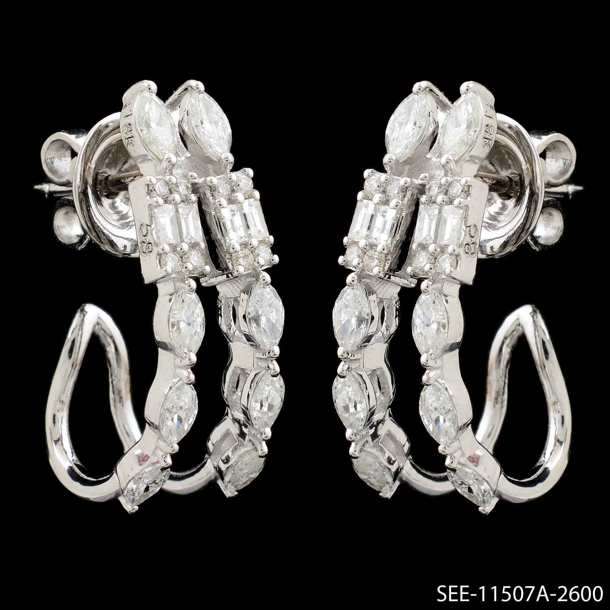 Women's 1.25 Carat SI/HI Marquise Baguette Diamond Hoop Earrings 18 Karat White Gold For Sale