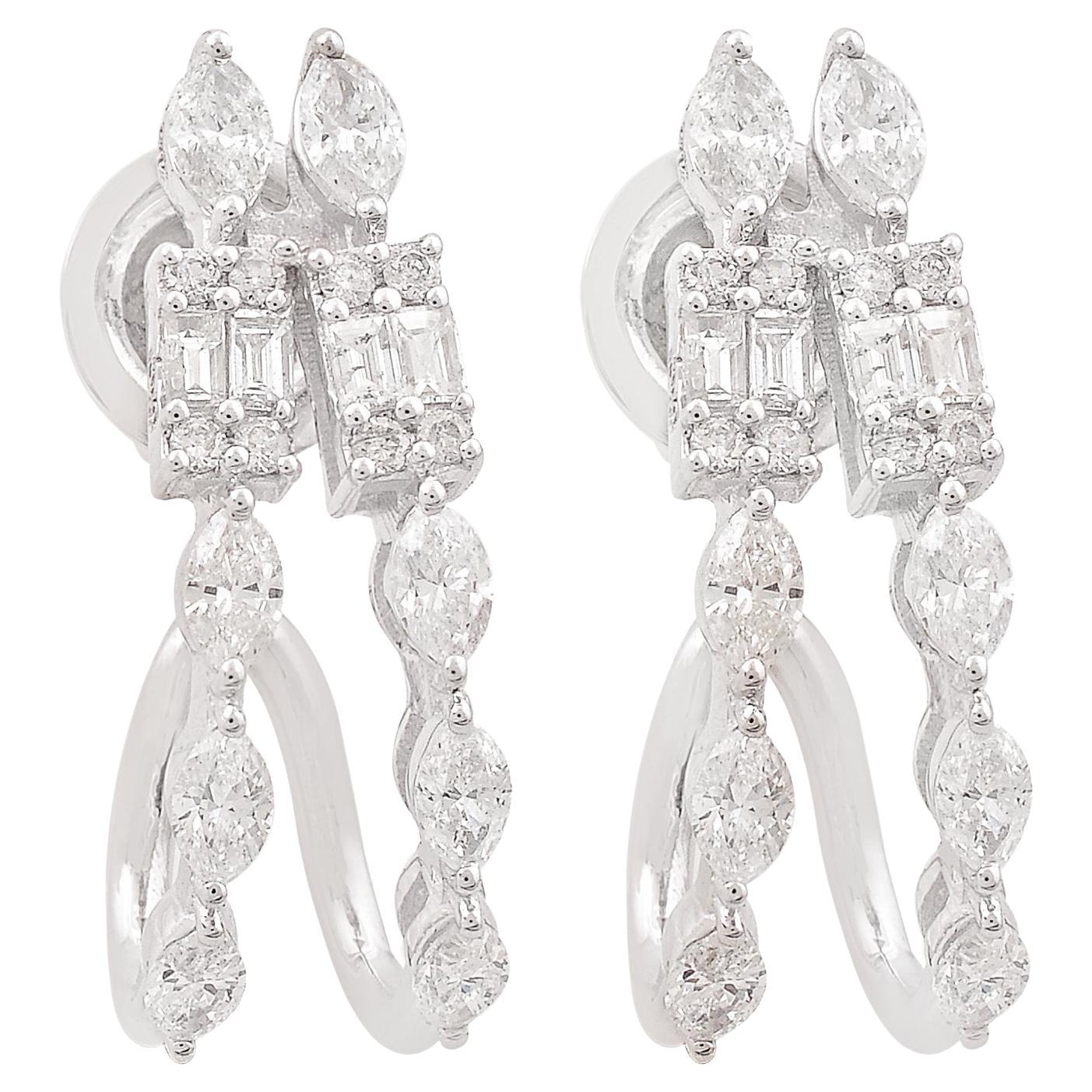 1.25 Carat SI/HI Marquise Baguette Diamond Hoop Earrings 18 Karat White Gold For Sale