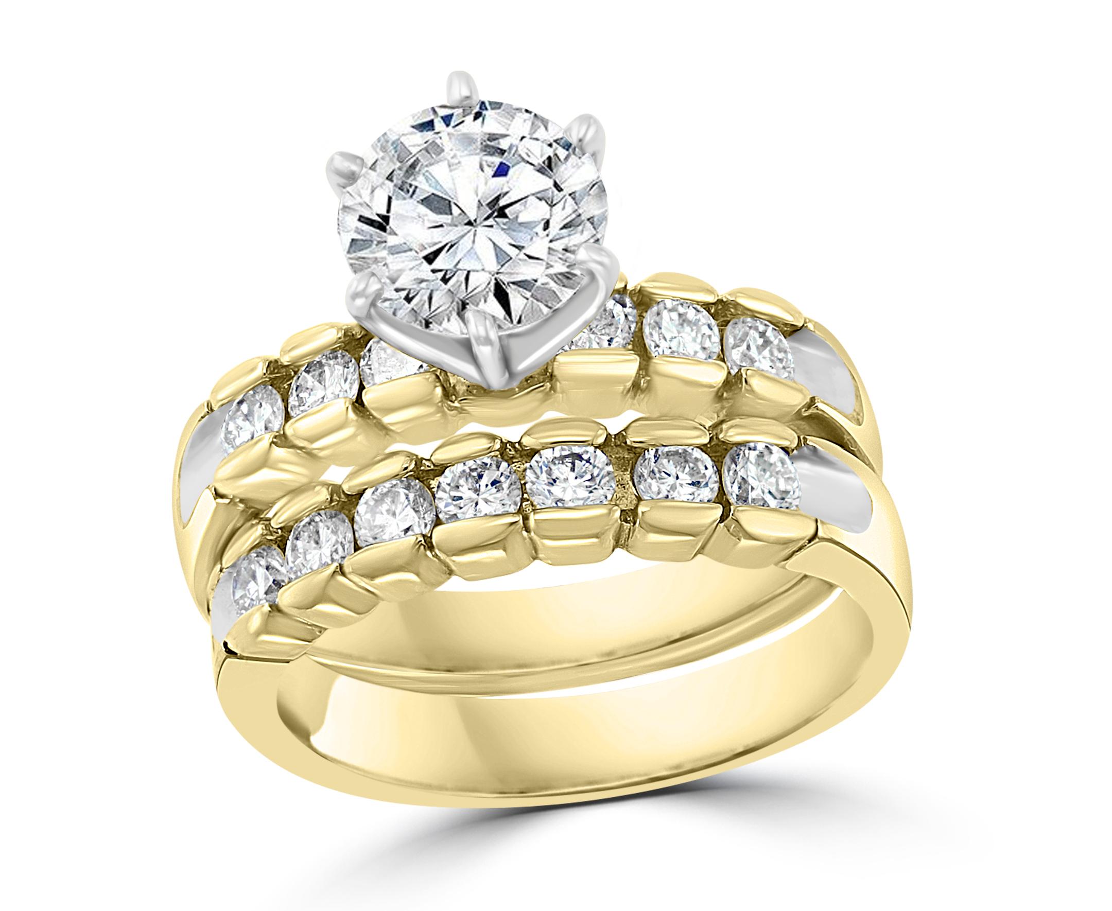 1.25 Carat Solitaire Round  Center Diamond Engagement 14 Yellow Gold Ring + Band
Prong set
14 K gold Stamped  
Diamond VS2 quality and H color.
Round brilliant cut diamonds are on either side of the main stone . Same size and matching diamonds are