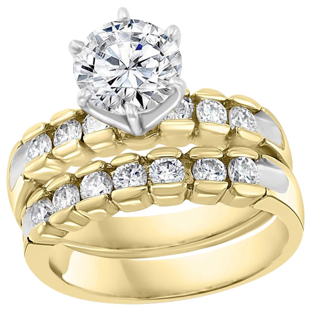 1.25 Carat Solitaire Round Center Diamond Engagement 14 Yellow Gold Ring + Band For Sale
