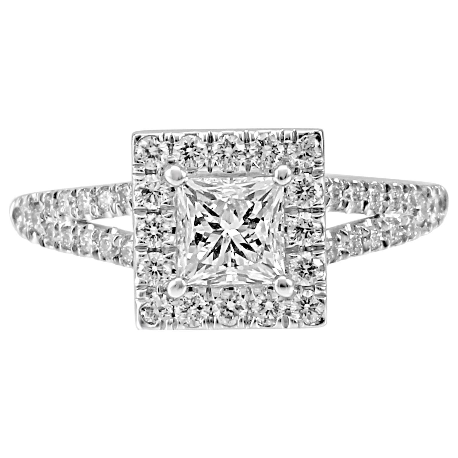 1.25 Carat Total Weight Princess Cut Diamond Halo Gold Engagement