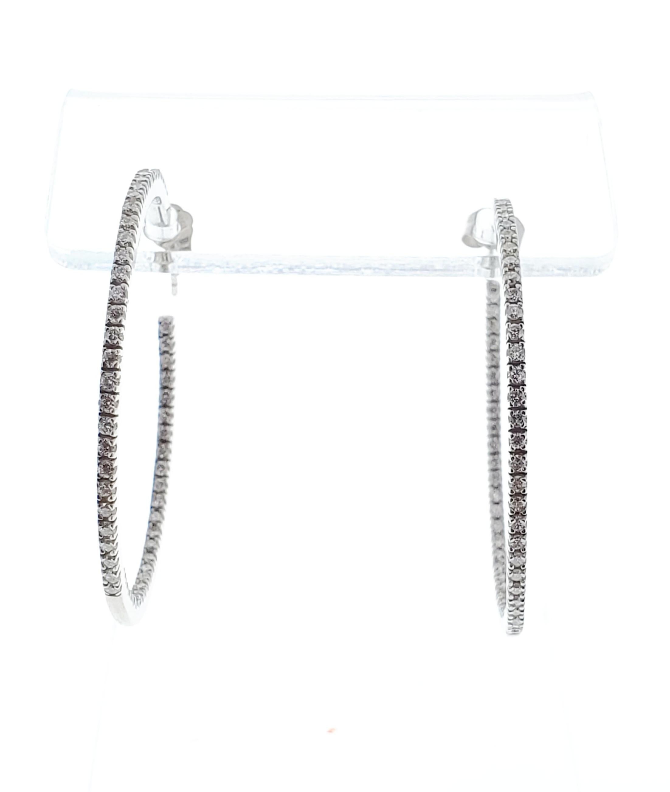 1.25 Carat White Diamond Hoop Earrings in 14 Karat White Gold In New Condition For Sale In Chicago, IL