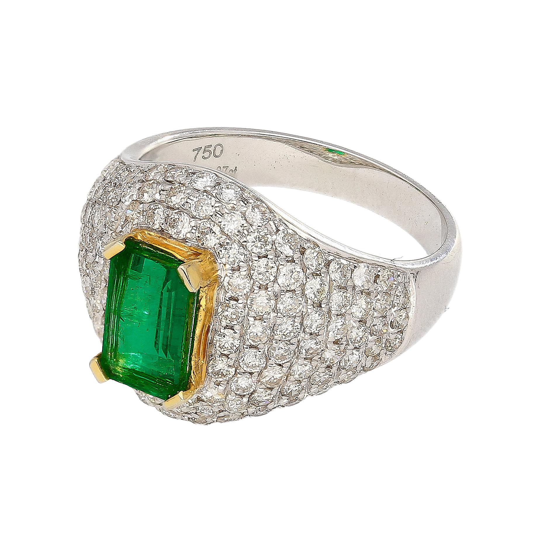 Emerald Cut 1.25 Carat Zambian Emerald and Diamond Pave Cluster Art Deco Ring For Sale