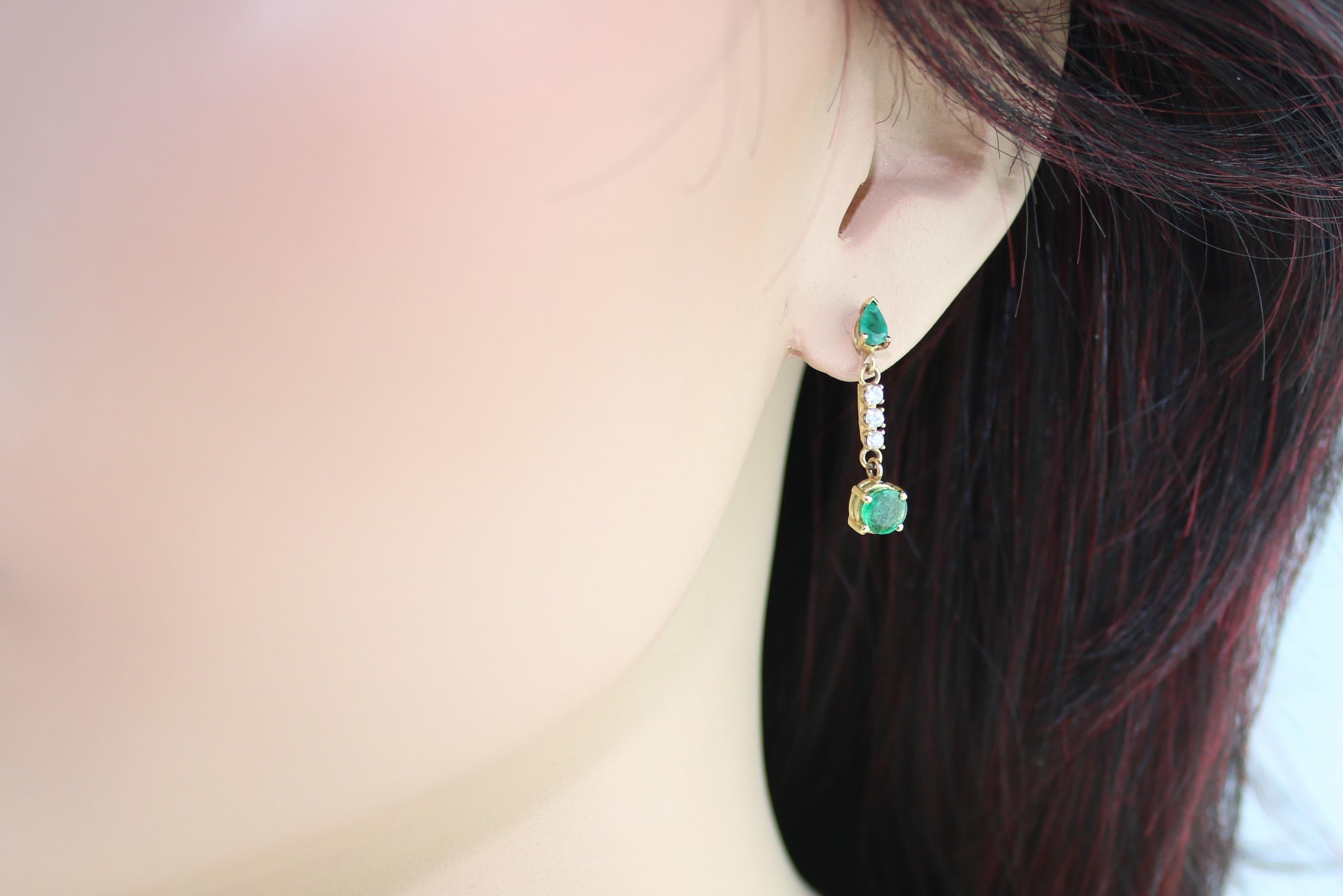 Round Cut 1.25 Carat Emerald and Diamond Gold Drop Earrings