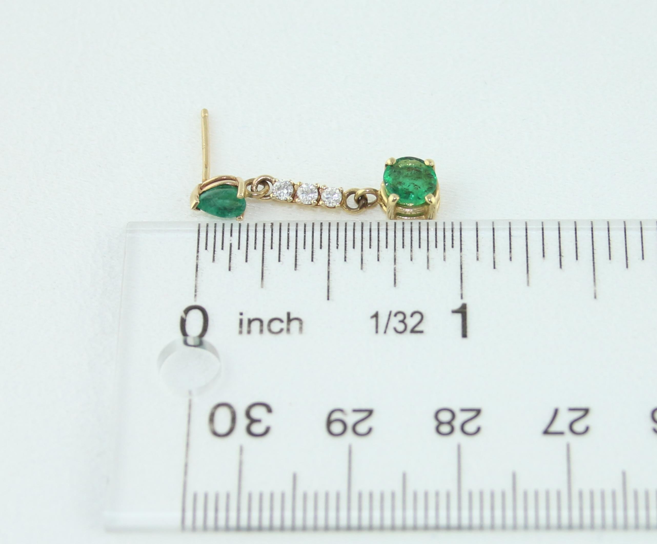 Women's 1.25 Carat Emerald and Diamond Gold Drop Earrings