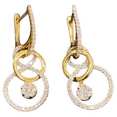 1.25 Carats F/VS1 Round Brilliant Diamonds Dangle Earrings in 18K Yellow Gold