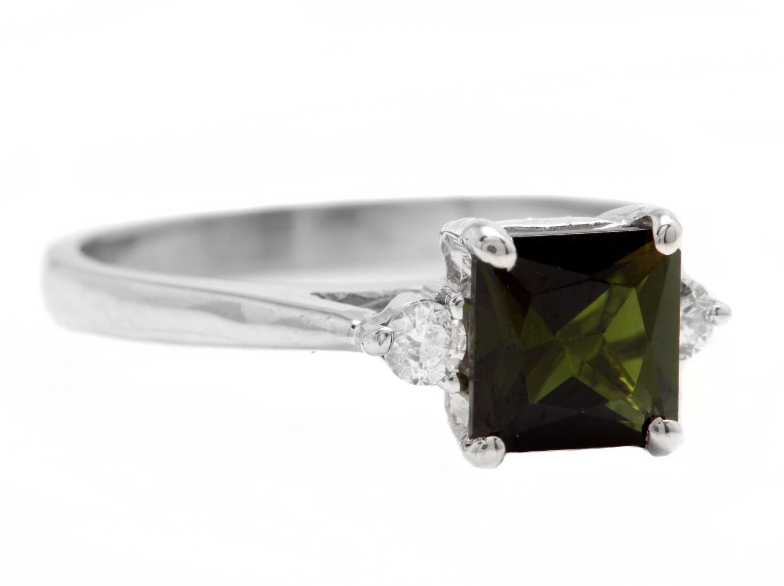 1.25 Carats Natural Very Nice Looking Green Tourmaline and Diamond 14K Solid White Gold Ring

Suggested Replacement Value:  $2,800.00

Total Natural Princess Cut Tourmaline Weight is: Approx. 1.15 Carats 

Tourmaline Measures: Approx. 6.00 x