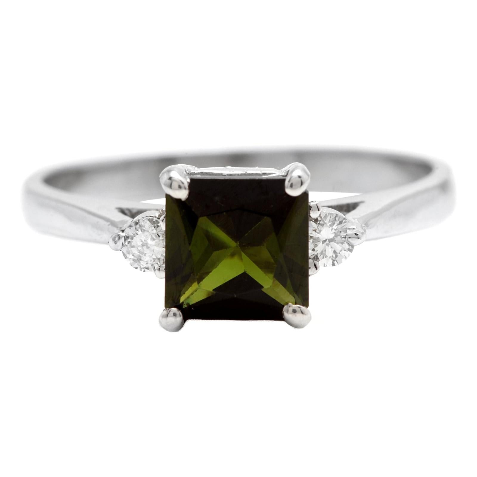 1.25 Carats Natural Green Tourmaline and Diamond 14k Solid White Gold Ring For Sale