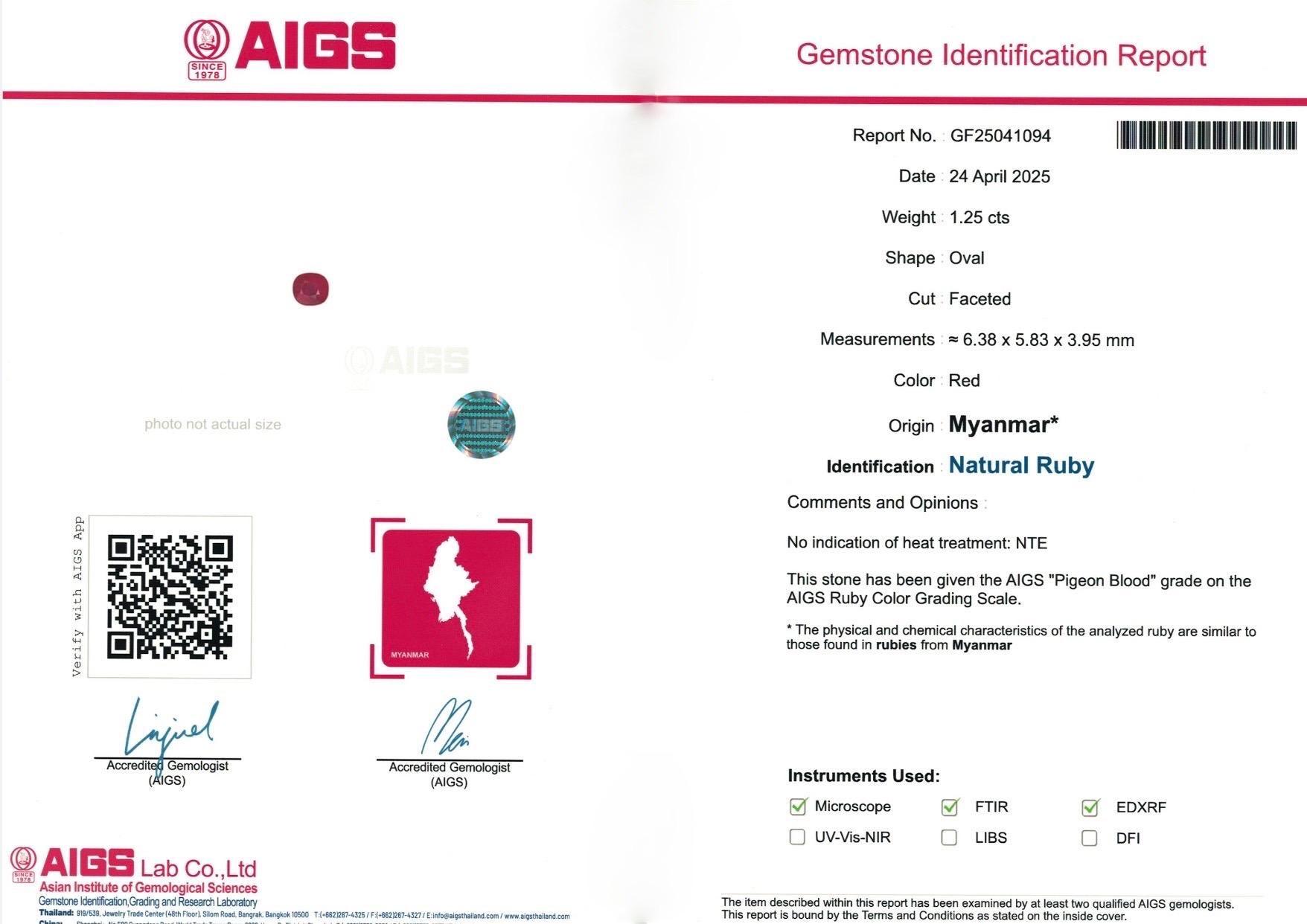 1,25 Ct AIGS Certified Natural Burma Ruby Unheated Pigeon Blood Farbe Auge sauber im Angebot 2