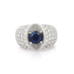 Sapphire and Diamond Designer Bold Ring in 18K White Gold, Wedding Cocktail Ring