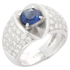 Sapphire and Diamond Designer Bold Ring in 18K White Gold, Wedding Cocktail Ring