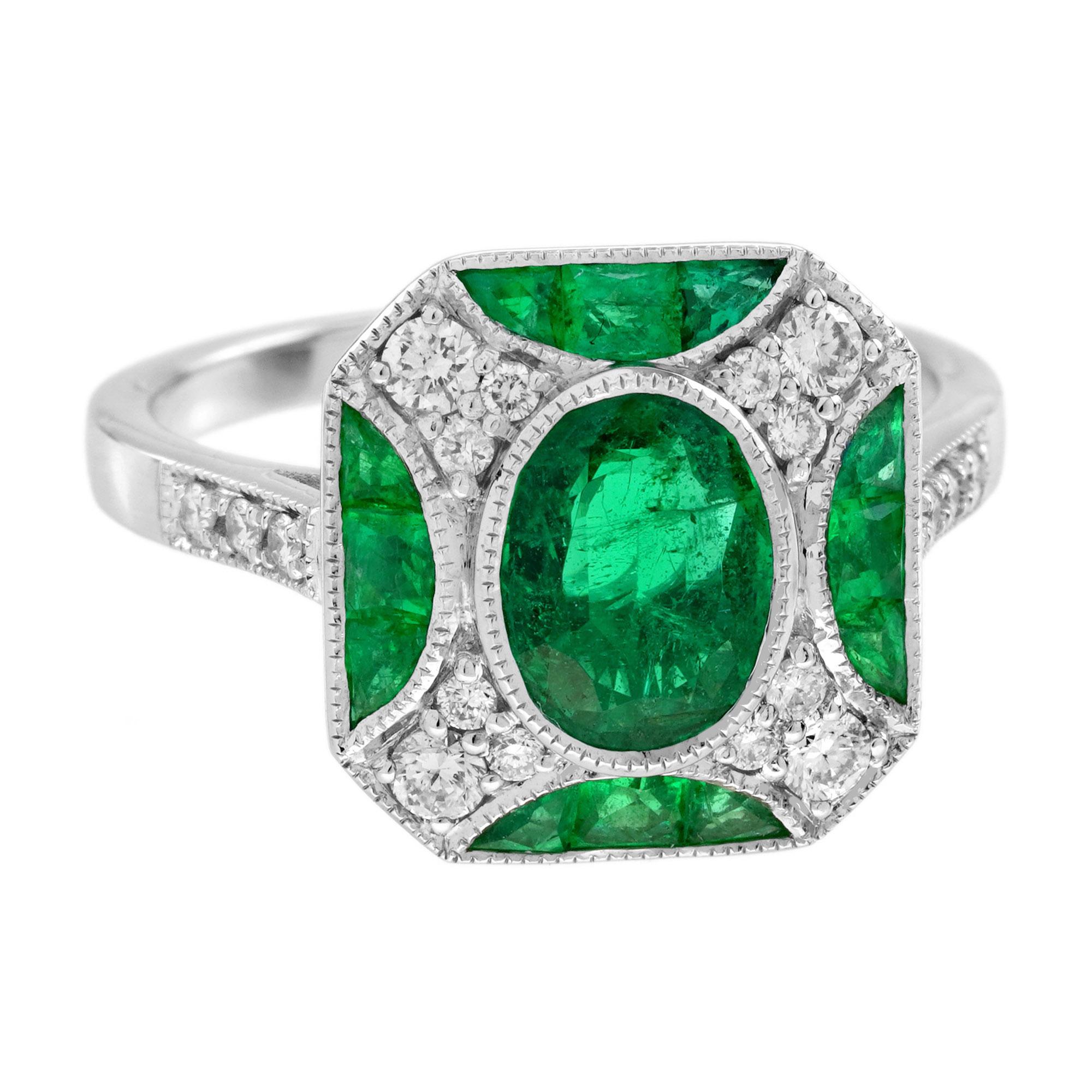 An elegant Art Deco-style engagement ring with timeless charm. Features a vivid 1.25 carat oval emerald at the center, full of rich color. Surrounded by a halo of brilliant white diamonds for added sparkle. Four small emeralds are set at each corner
