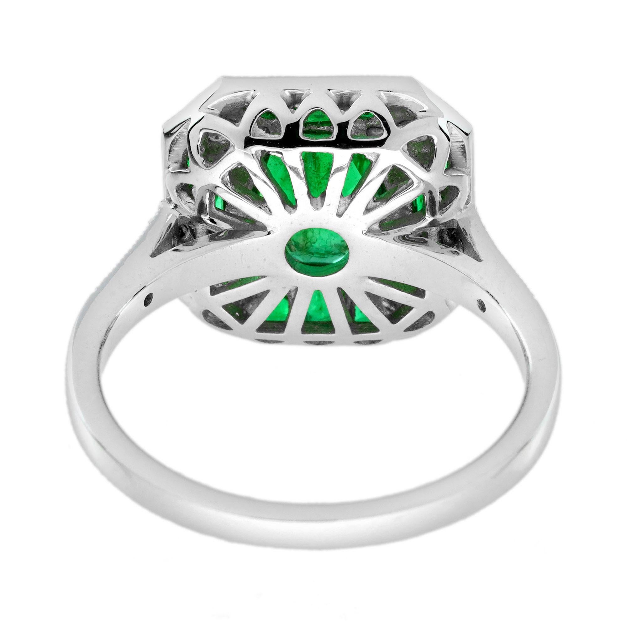1.25 Ct. Emerald and Diamond Art Deco Style Engagement Ring in 18K White Gold Corte oval en venta