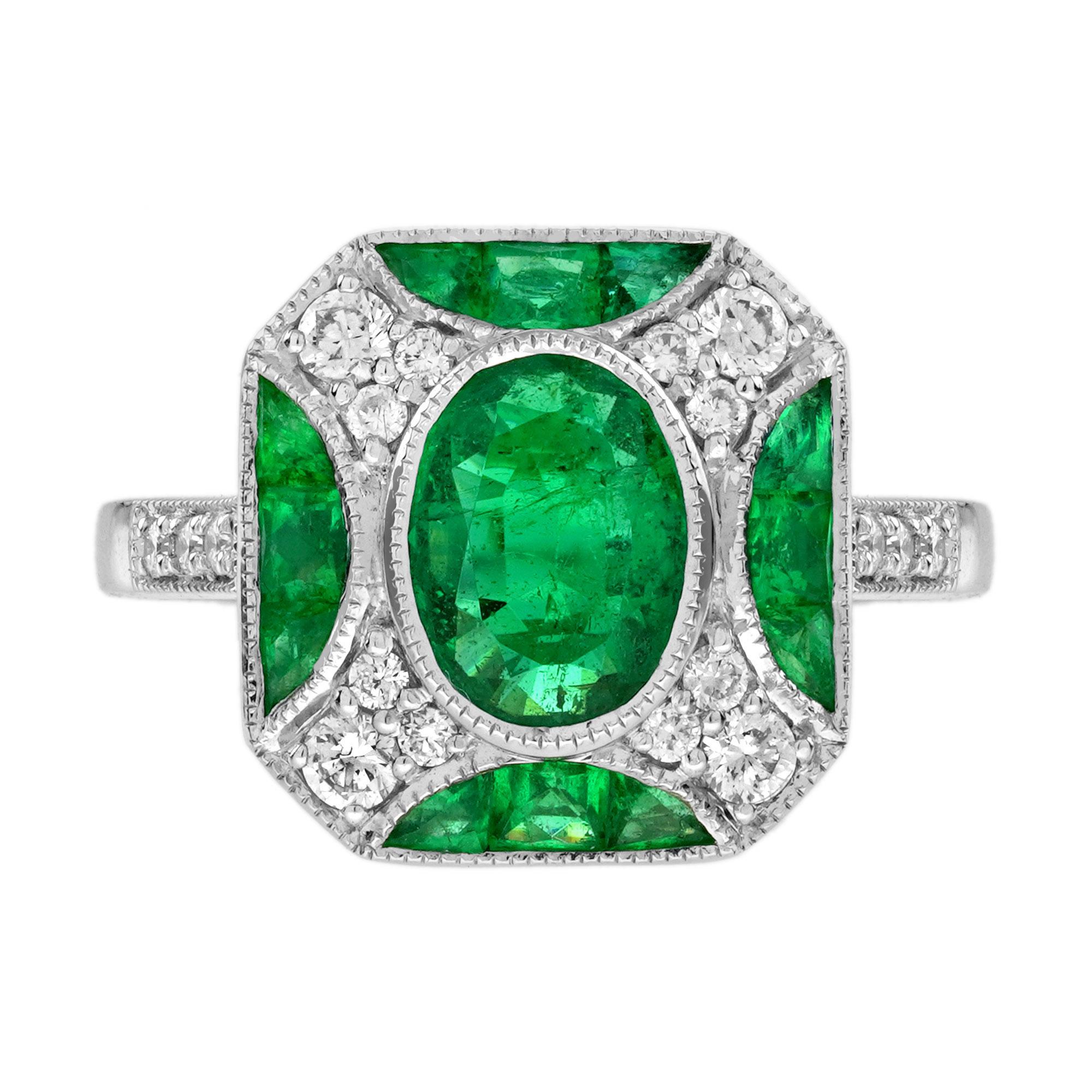 1.25 Ct. Emerald and Diamond Art Deco Style Engagement Ring in 18K White Gold en venta