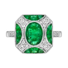 1.25 Ct. Emerald and Diamond Art Deco Style Engagement Ring in 18K White Gold