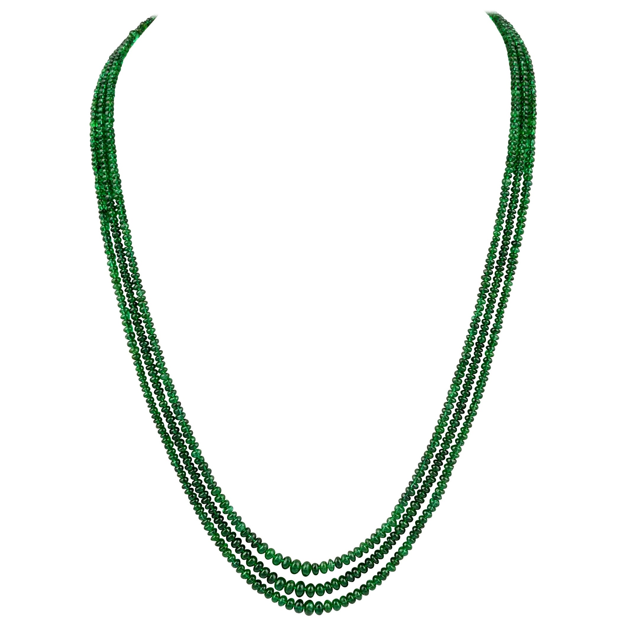 125 Ct Emerald Beads 3 Line Necklace with Silver Clasp, Ecnomical