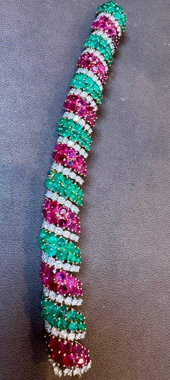 1960's , 35 Ct Emeralds & 35 CT Rubies + 15 Ct  Diamond  Bracelet 18KY Gold, 8 "