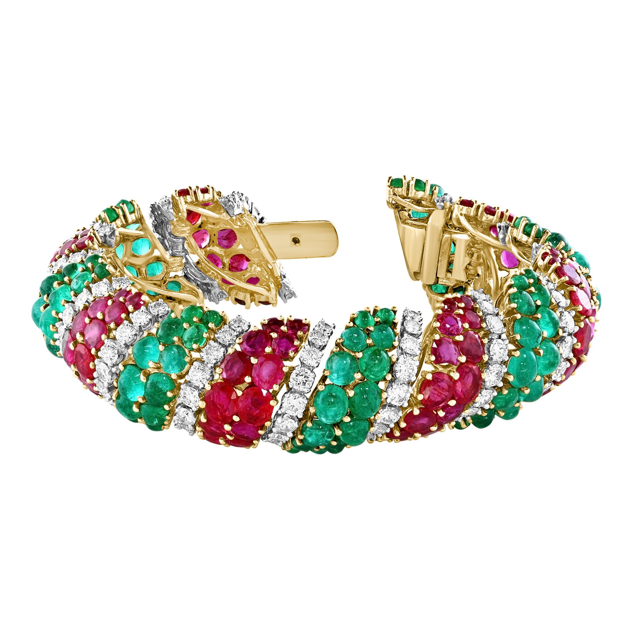 1960's , 35 Ct Emeralds & 35 CT Rubies + 15 Ct  Diamond  Bracelet 18KY Gold, 8 "