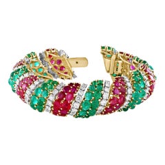 1960's , 35 Ct Emeralds & 35 CT Rubies + 15 Ct  Diamond  Bracelet 18KY Gold, 8 "