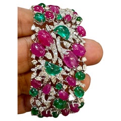 125 Ct  Emeralds & Rubies , 30 Ct  Diamond Tutti Fruity Bracelet 18KW Gold, 7.5"