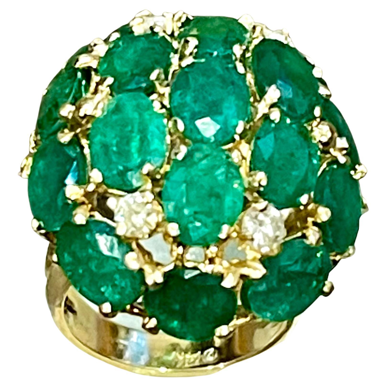 12.5 Ct Natural Brazilian Emerald & Dimond Dome Shape Cocktail Ring 14 Kt Y Gold For Sale