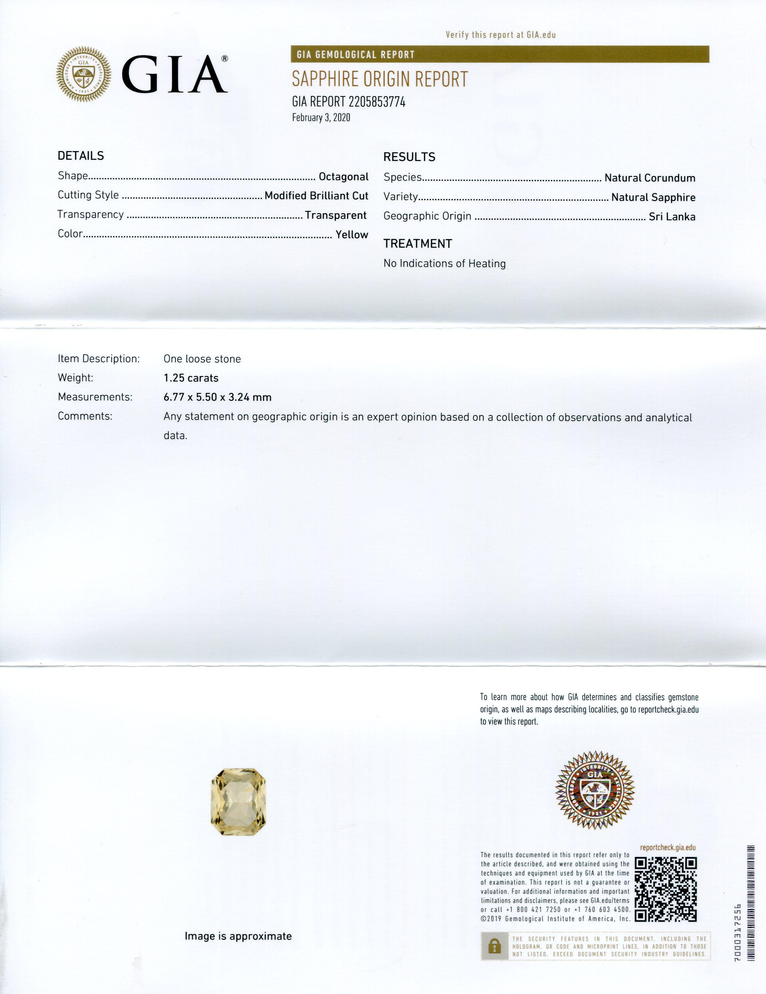 Zafiro amarillo octogonal de 1,25 ct Certificado GIA de Sri Lanka sin calentar en Nuevo estado para la venta en Toronto, Ontario