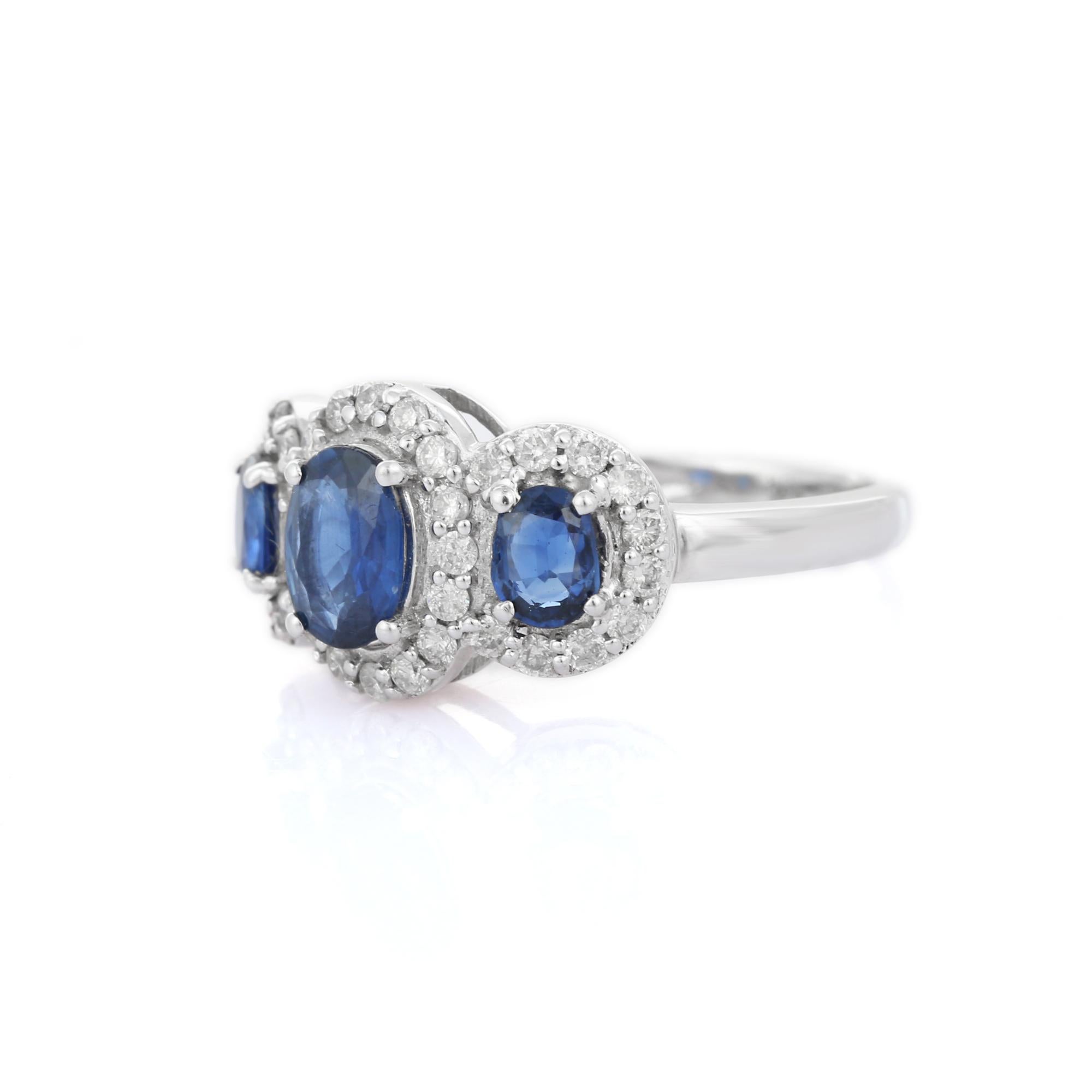 For Sale:  18k Solid White Gold Halo Diamond and Blue Sapphire Three-Stone Engagement Ring 4