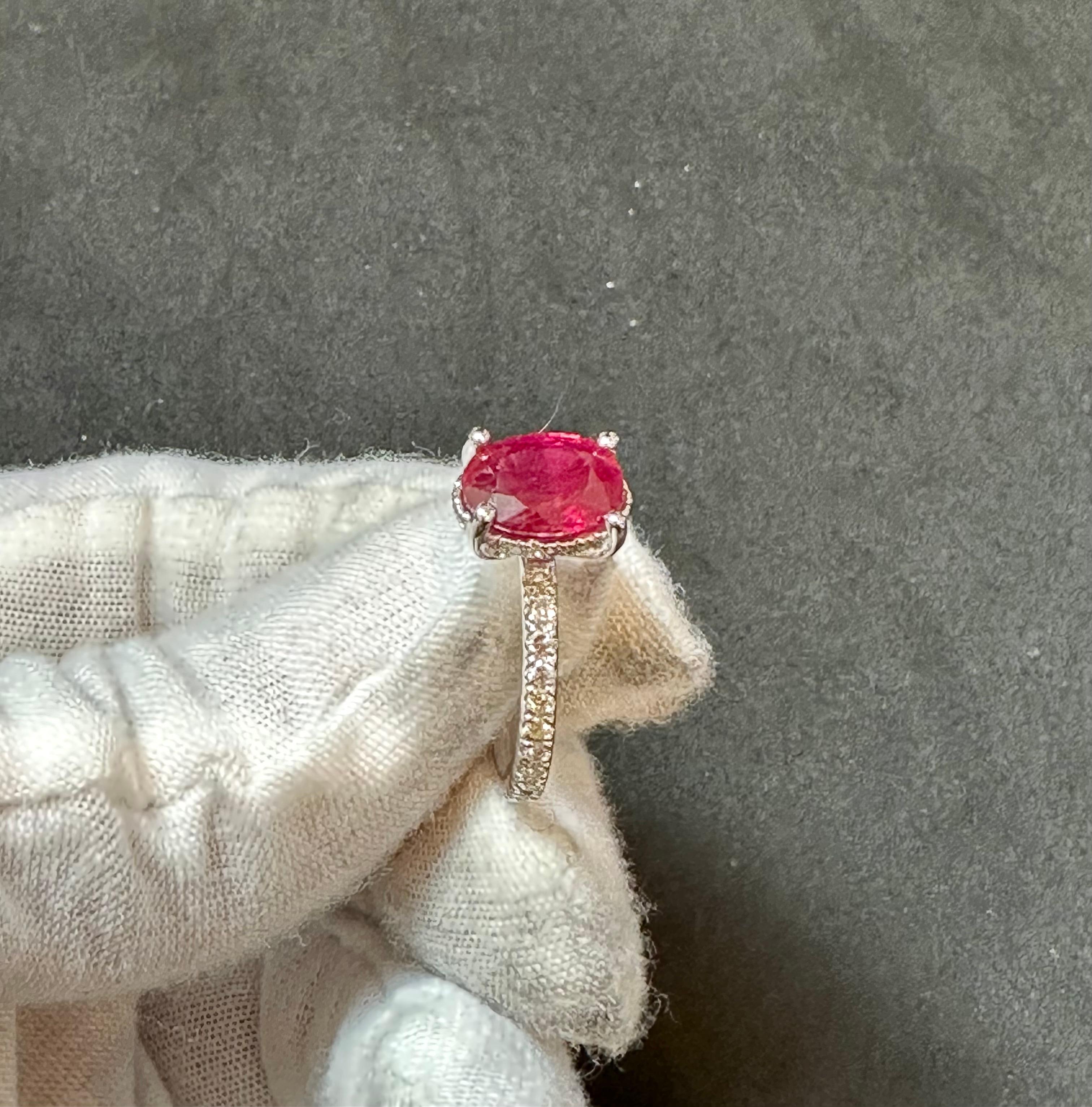 1.25 Ct Oval Cut Treated Ruby & 0.85 Ct Natural Diamond Halo Engagement Ring  For Sale 4