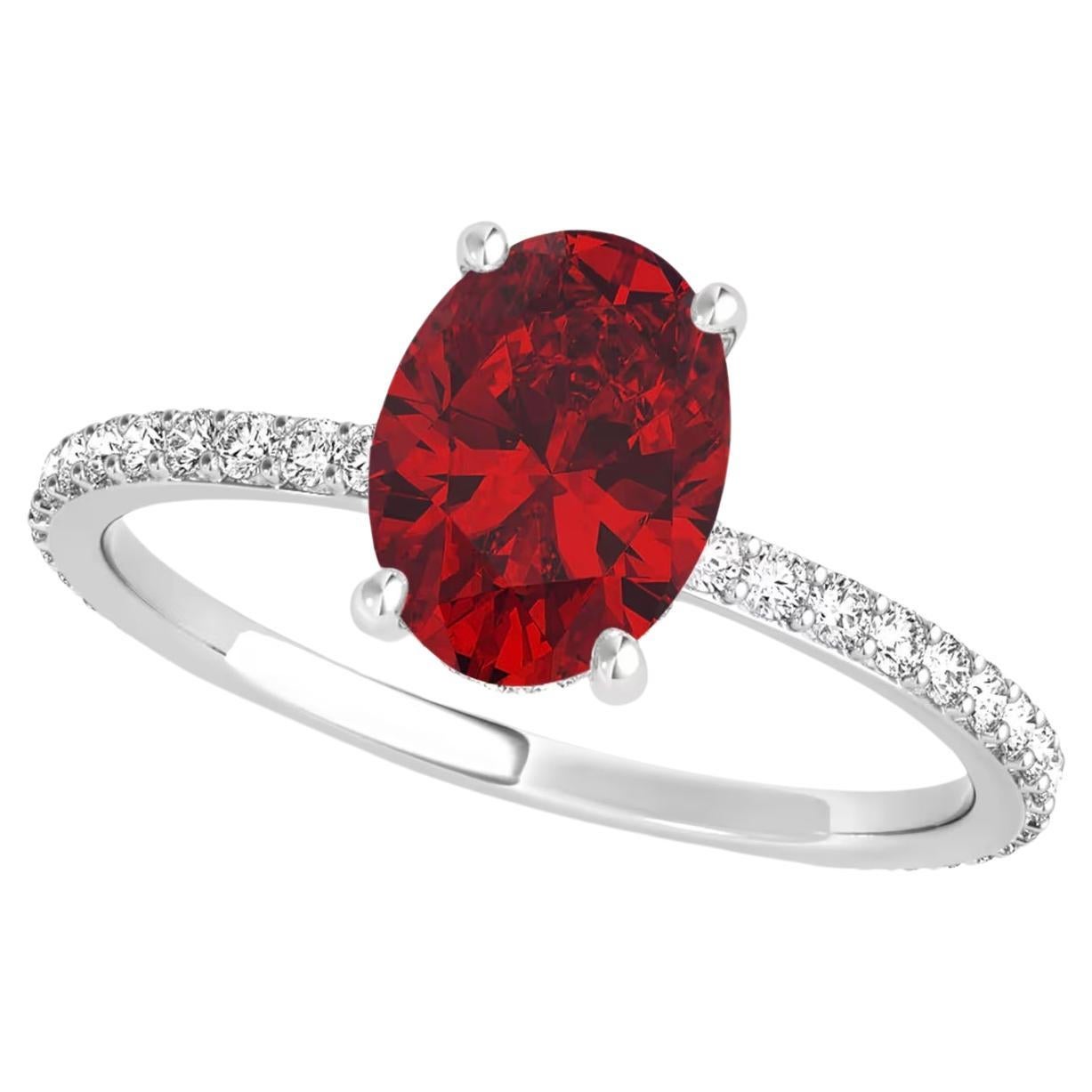 1.25 Ct Oval Cut Treated Ruby & 0.85 Ct Natural Diamond Halo Engagement Ring  For Sale